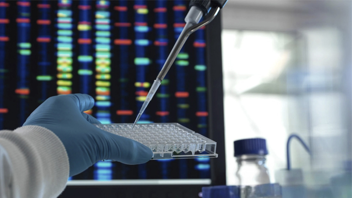 experiment laboratori amb pantalla d'informació genètica de fons