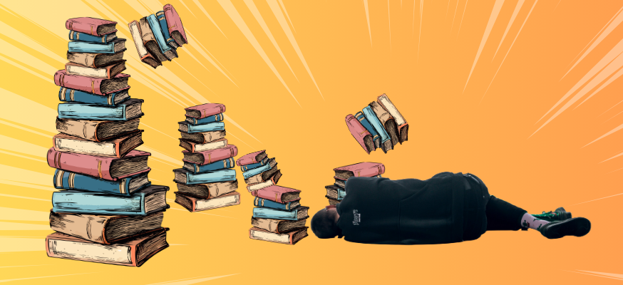 Dibuix d'un home estirat llegint al costat d'una pila de llibres