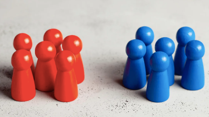 Peons blaus i rojos dividits, representen la polarització i divisió de la societat